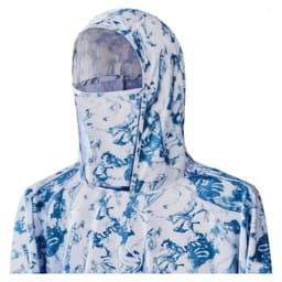 A fishing hoodie in blue and white, featuring a hood and a pocket, designed for sun protection.