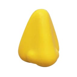 A yellow, large nose-shaped stress reliever item with a smooth surface and a rounded base. It has a logo.
