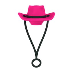 A drink bottle accessory featuring a pink brim hat silicone straw cover with a black strap.
