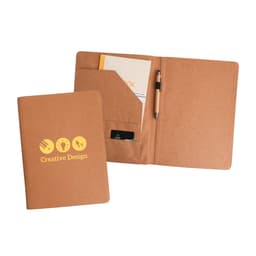 A4 cork folder in a tan colour with an interior pocket and pen holder, featuring a logo on the front.