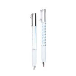 Two plastic pens in iridescent and textured white designs, featuring silver accents and clips.