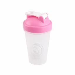 A drink bottle with a translucent body and a pink lid, featuring a flip-top spout and a logo.