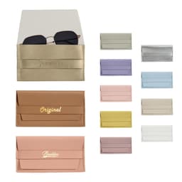 A collection of PU leather glasses pouches in various colours, including gold, pink, lavender, and sky blue, with logos.