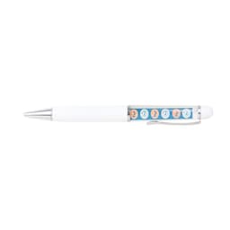 A white plastic pen with a transparent barrel featuring colourful floating elements and a silver clip.