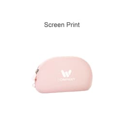 A pink silicone organiser pouch with a smooth finish and a logo on the front.