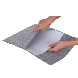 A large grey felt file pouch being opened, showcasing a soft inner lining. The product features a subtle logo.