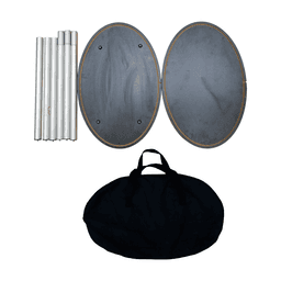 An oval popup booth consisting of two oval panels, silver poles, and a black carrying bag.