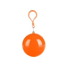 An orange ball with a clip attachment, designed for a novelty rain poncho.