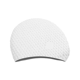A premium silicone swimming cap in white, featuring a textured surface with water droplet patterns. It has a logo.