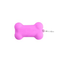 A pink silicone bone-shaped dog poop bag dispenser with a metal clip attached.