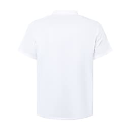 A white short-sleeved chef jacket with a double-breasted design and a plain back. It features a logo.