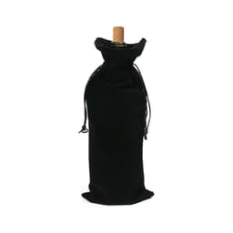 A drink bottle bag in black flannel with a drawstring closure, featuring a cork top and simple design.