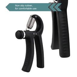 A powerful adjustable hand grip in black with non-slip rubber handles and a metal spring for comfort.