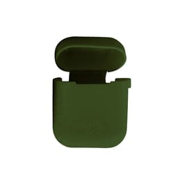 A green silicone protection case for AirPods, featuring a flexible design and an open top.