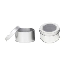 A silver tin can with a foam insert, featuring a clear plastic lid, displayed open and closed.