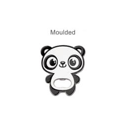 A drink bottle opener in the shape of a panda, featuring black and white colours with a logo.