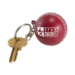 A maroon cricket ball stress reliever attached to a metal keyring alongside a key, featuring a logo.