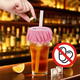 A drink bottle with a pink anti-spike cover and a straw, placed on a bar counter with a blurred background.