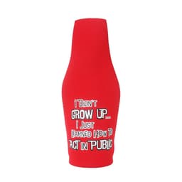 A drink bottle cooler in red with a fitted design and a logo.