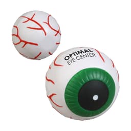 A green and white eyeball-shaped stress ball featuring red vein details, with a logo on one side.