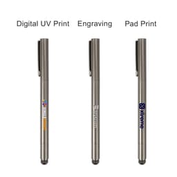 A metallic grey pencil with options for digital UV print, engraving, and pad print. Features a logo on the barrel.