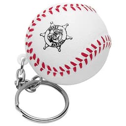 A white baseball-shaped stress reliever with red stitching, attached to a silver keyring. It has a logo on it.