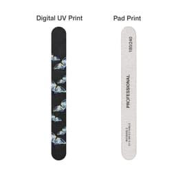 A straight shape nail file featuring a butterfly design on one side and a professional finish on the other, in black and white.