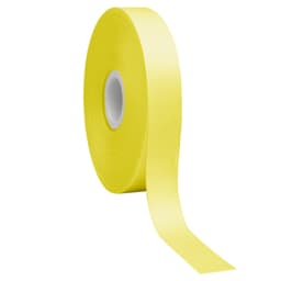 A roll of yellow satin polyester ribbon, featuring a smooth finish and a logo.