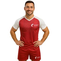 A red and white polyester micro mesh V-neck raglan sport tee shirt with a logo.