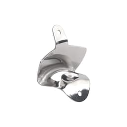 A drink bottle opener in shiny silver metal, featuring a wall mount design and two mounting holes.