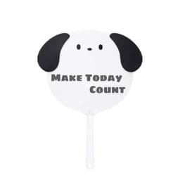 A custom-shaped hand fan in the design of a dog’s face, featuring black ears and a white body.