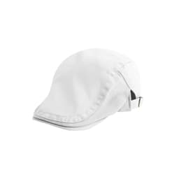 A white beret hat with a structured shape and adjustable strap on the side.