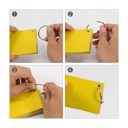 Yellow A7 index cards are shown being assembled onto a metal ring by hands in four step images.