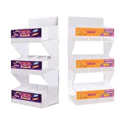 A three-level acrylic display with clear shelves and colourful promotional panels on each level.