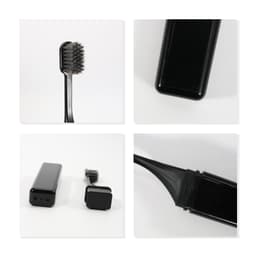 A foldable travel toothbrush in black, featuring a compact case and bristle head in multiple angles.