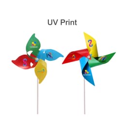 A four-leaf pinwheel in blue, yellow, red, and green, featuring a logo on some blades.