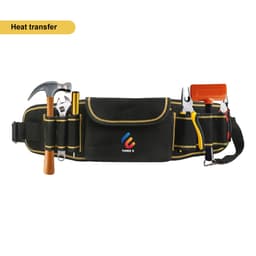 A black waist tool bag with yellow accents, featuring various tools including a hammer, pliers, and scissors.