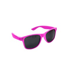 Bright pink RPET sunglasses with dark lenses, featuring a sleek design and a branding logo on the side.