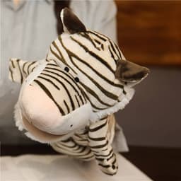 A plush tiger hand puppet with black and white stripes, featuring a soft, friendly face and small ears.