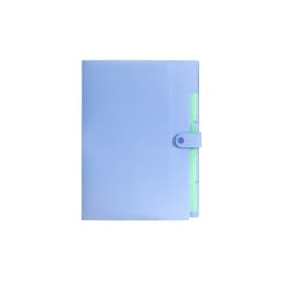 A4 expandable file folder in light blue with a clasp closure and multiple dividers in various colours.