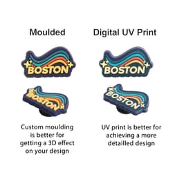 Custom shoe charms in two styles: moulded with 3D effect and digital UV print for detailed design, featuring colourful "Boston" text.