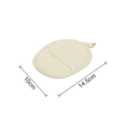 A natural loofah exfoliating shower sponge in cream colour, oval-shaped with a fabric strap, measuring 14.5cm by 10cm.