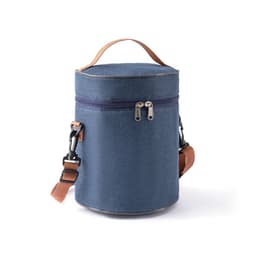 A cylindrical lunch bag in navy blue with a zip closure and adjustable shoulder strap. Features a carrying handle.