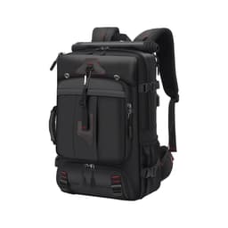 A black convertible backpack duffel bag with red accents, featuring multiple pockets and adjustable straps.