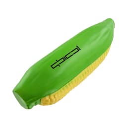 A green and yellow corn-shaped stress reliever with a logo on the side, designed for fun and relaxation.