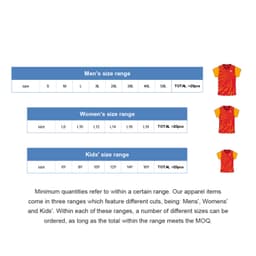 A size chart for unisex polo shirts, featuring men’s, women’s, and kids' ranges with various sizes listed.