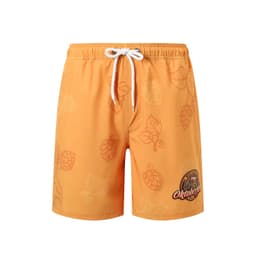 Orange men's swim shorts featuring a leaf pattern and a logo, made from polyester and spandex.