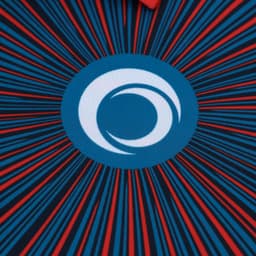 A blue and red polo shirt featuring a circular logo at the centre and radiating lines around it.