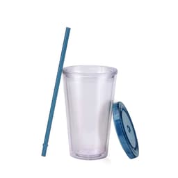 A clear plastic cup with a blue lid and straw, designed for drinks. The cup is 16oz in size.