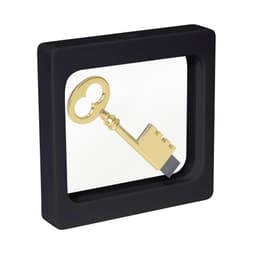 A gold key displayed inside a square black floating box with a clear front. The box includes a logo on the side.